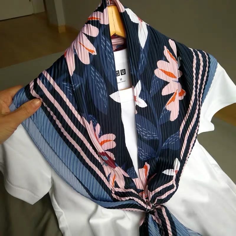 Blue Long Silk Scarf Flower Pattern Scarf Shawl Dual Purpose Specification drawing