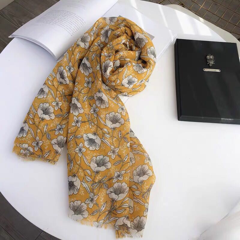 A light yellow floral cotton and linen scarf and shawl for spring and summer, a sunshade and sun protection shawl, a beach silk scarf and a long gauze scarf details Picture