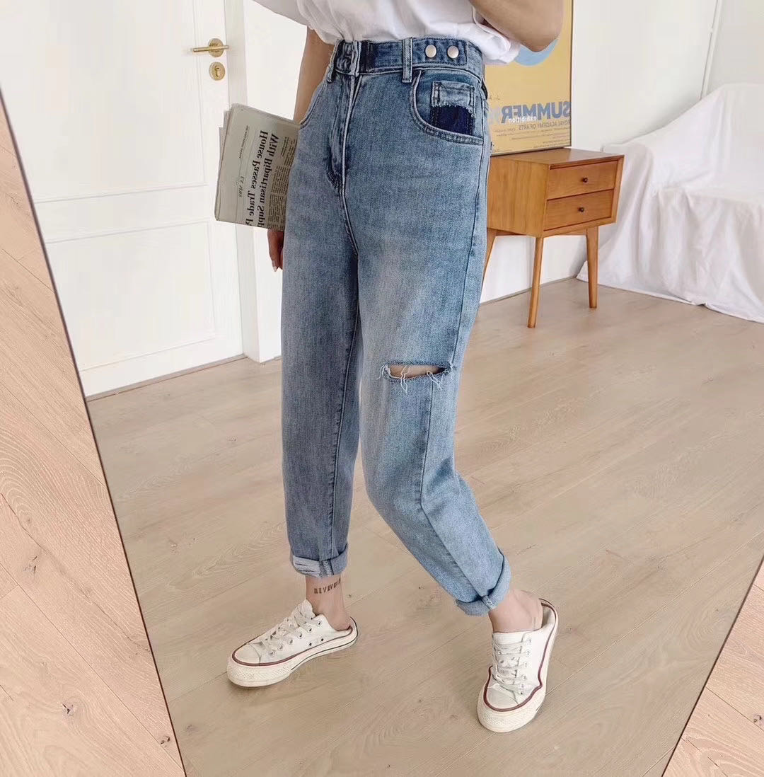 韩国高腰牛仔裤女宽松显瘦2020新款春破洞浅色老爹直筒九分哈伦裤产品图