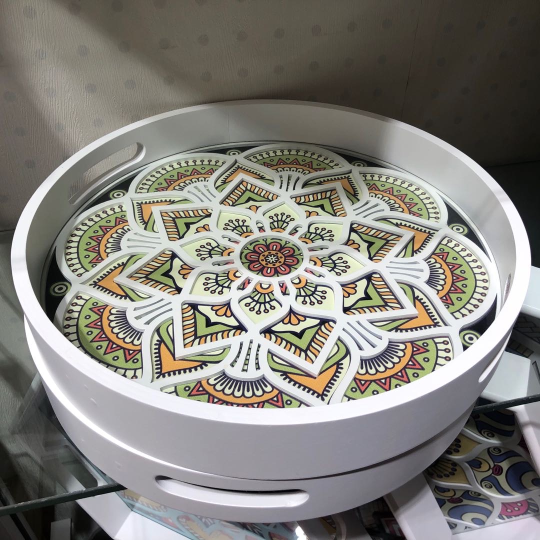 Chinese craft factory direct sales of circular pattern wooden decoration tray simple classical soft installation study living room door decoration two-piece set thumbnail