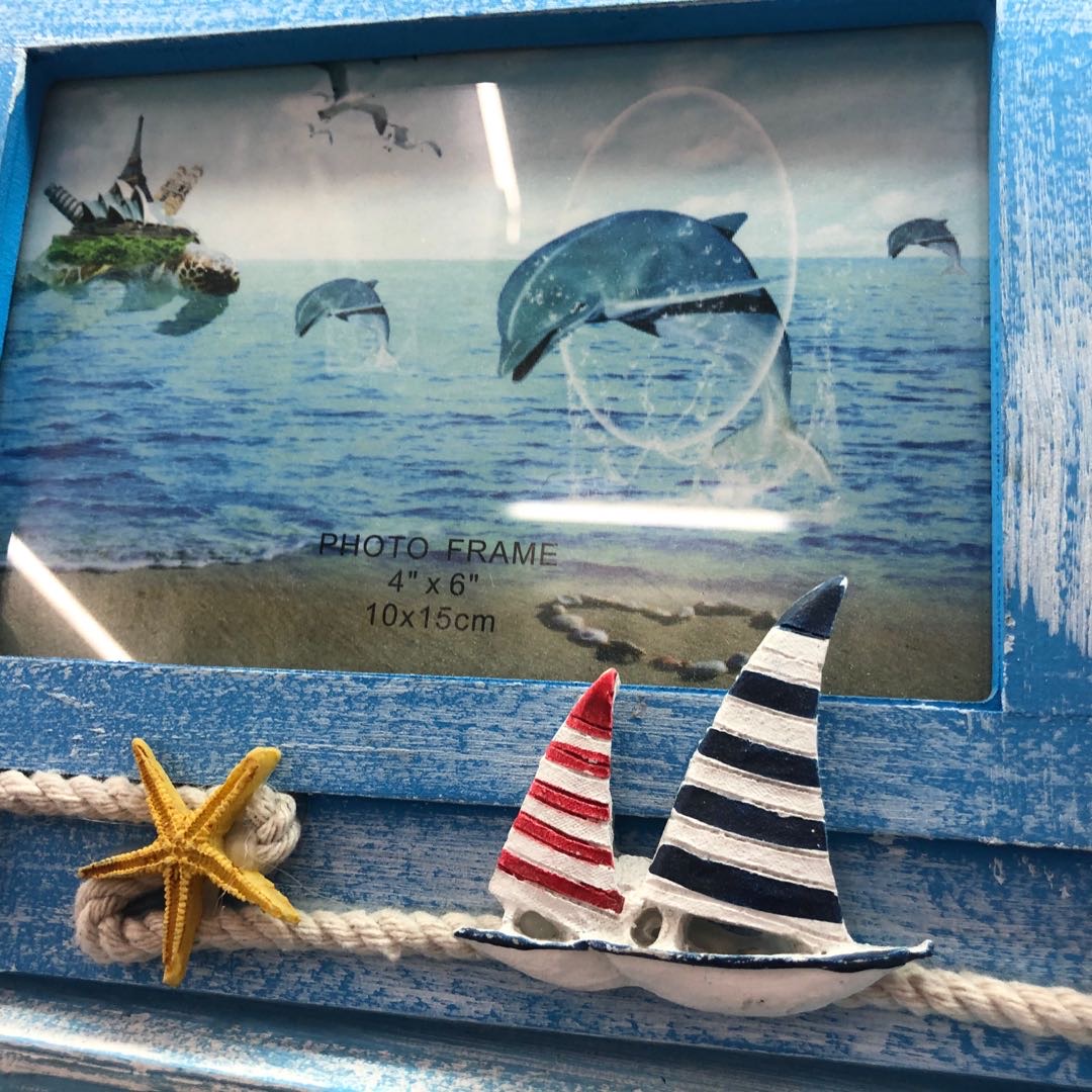 Deep blue Mediterranean-style swing photo frame decoration, creative boat-shaped image frame, ocean-style wooden sailboat display stand decoration photo frame Specification image