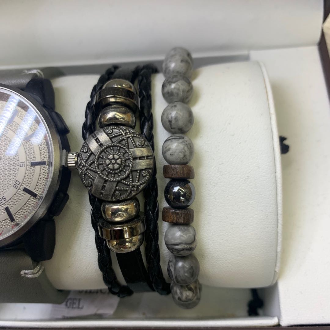 男士精品手表套装时尚手链珠串木头pu合金细节图