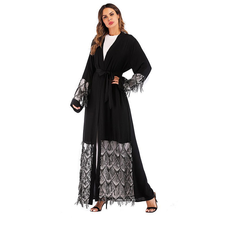 穆斯林中东阿拉伯长袍开衫印尼礼拜服回族开斋节黑色长裙图