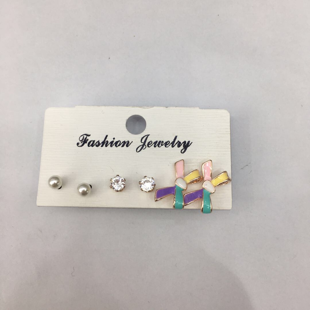 时尚简约气质蝴蝶结珍珠锆石镶嵌合金耳钉套装厂家直销