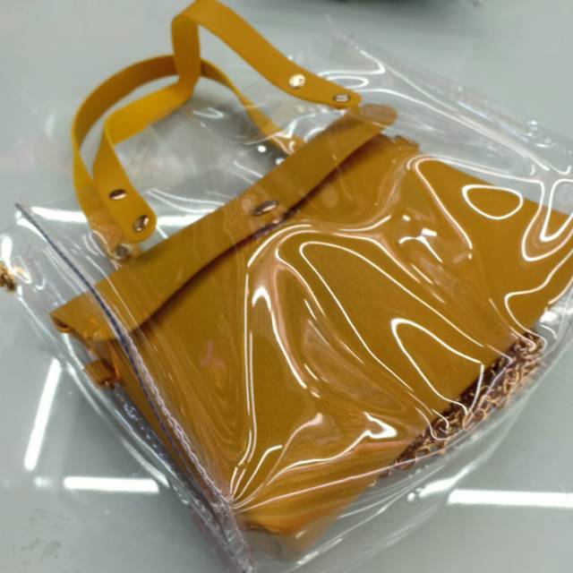 韩版黄颜色透明两件套手提小包包细节图