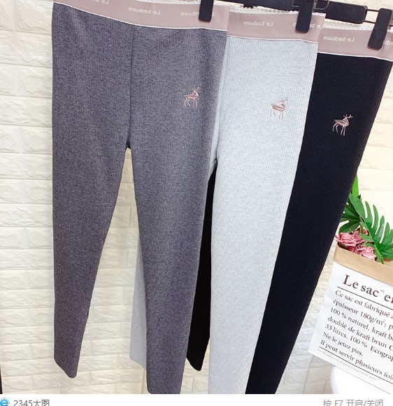 Embroidered deer fleece thickened leggings for women's winter wear, vertical striped one-piece fleece warm high-waisted elastic skinny pants details Picture