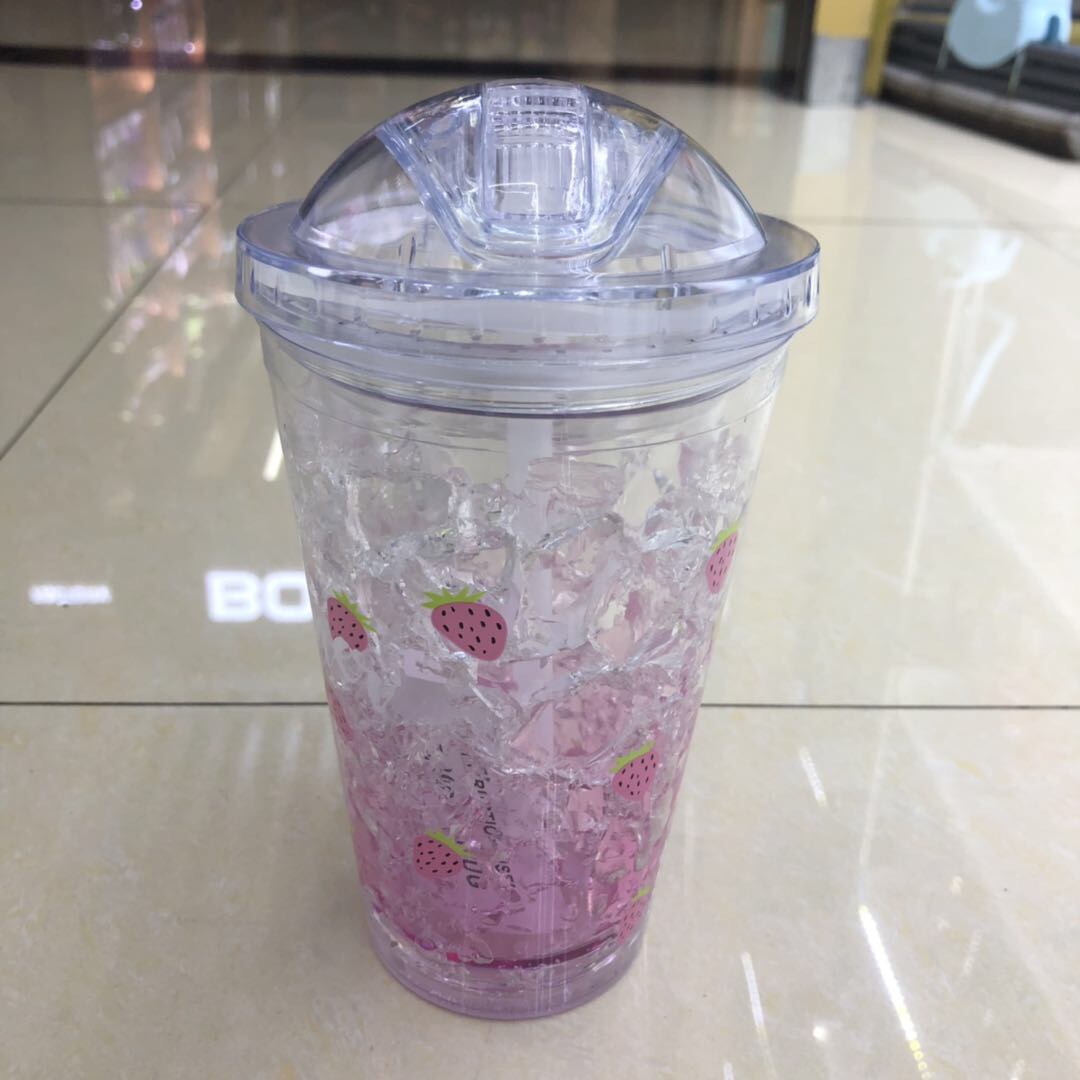 韩版卡通少女速冰杯小清新双层制冷塑料果汁吸管杯网红夏日碎