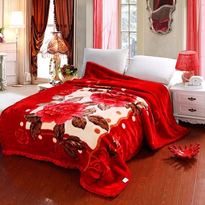 诗兰毛毯被子喜被大红色加厚珊瑚绒双层拉舍尔盖毯详情图1
