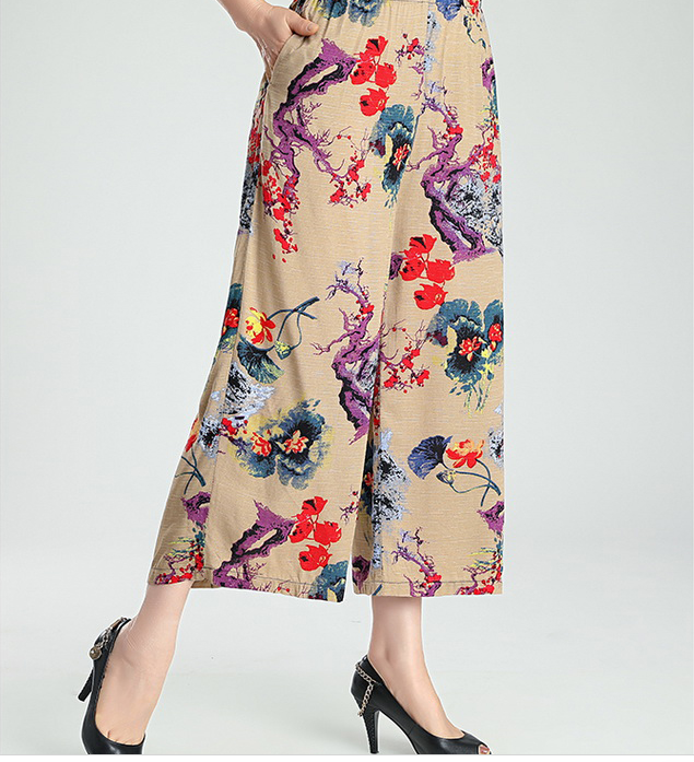 夏季薄款中老年花裤大码宽松女裤直筒九分妈妈裤