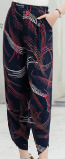 夏季薄款直筒显瘦裤线彩中年印花哈伦裤女妈妈宽松休闲裤