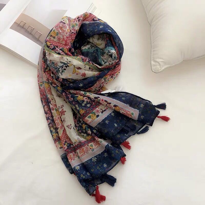 A versatile ethnic style floral chiffon long scarf