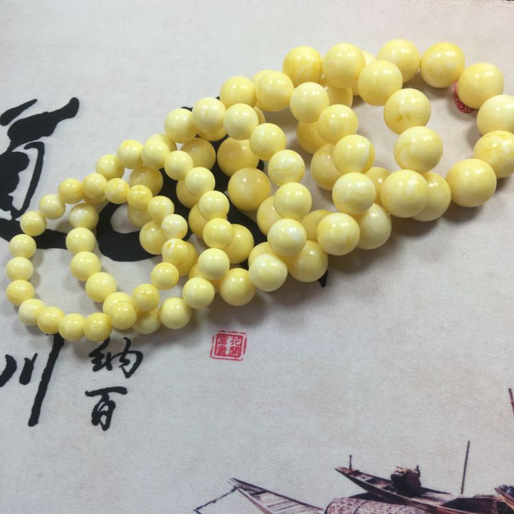 天然二代琥珀蜜蜡骨瓷白蜜白花瓷白手串手链单圈圆珠男女款浮盐水