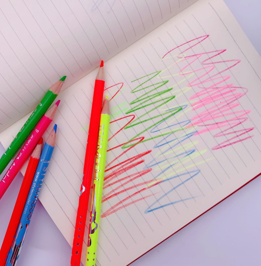 厂家直销圆杆荧光漆彩铅12色儿童绘画彩色铅笔细节图