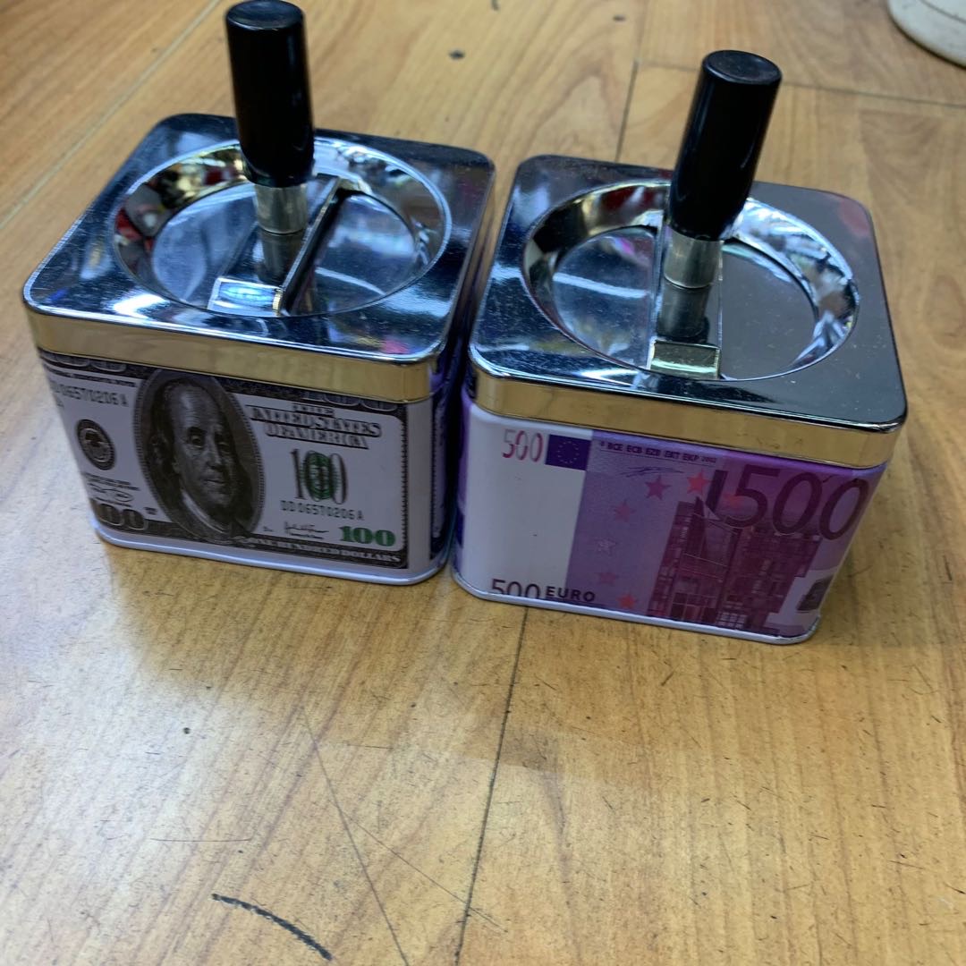 方形马口铁印花美钞烟灰缸个性旋转盖创意烟缸可定制