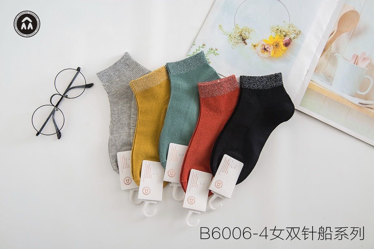 B6006 Women's Spring and Summer Breathable pure cotton double-needle boat socks details Picture