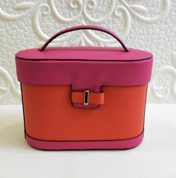 新款橙粉色双拼便携大容量时尚化妆箱手提箱收纳整理箱