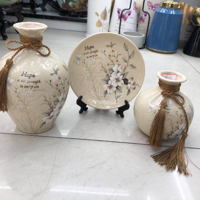 中式裂纹釉三件套陶瓷花瓶摆件客厅装饰品插花花器装饰柜酒柜玄关婚庆软装礼品工艺品批发图