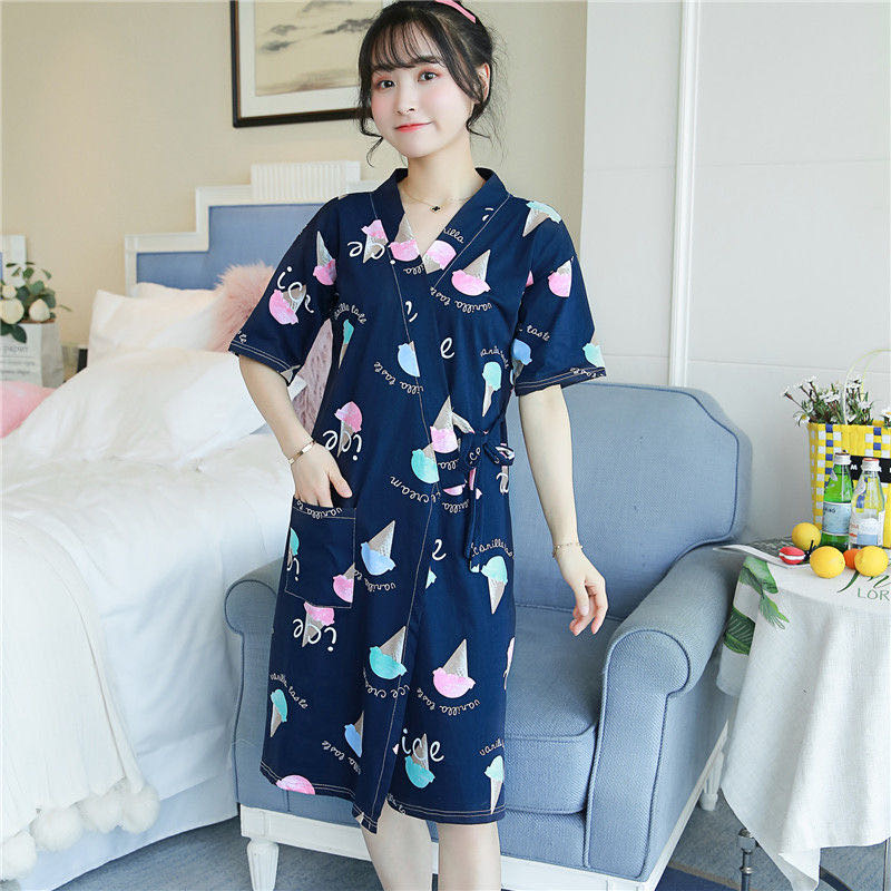 Summer Cotton Bathrobe For Women Mid-Length Nightdress For Women