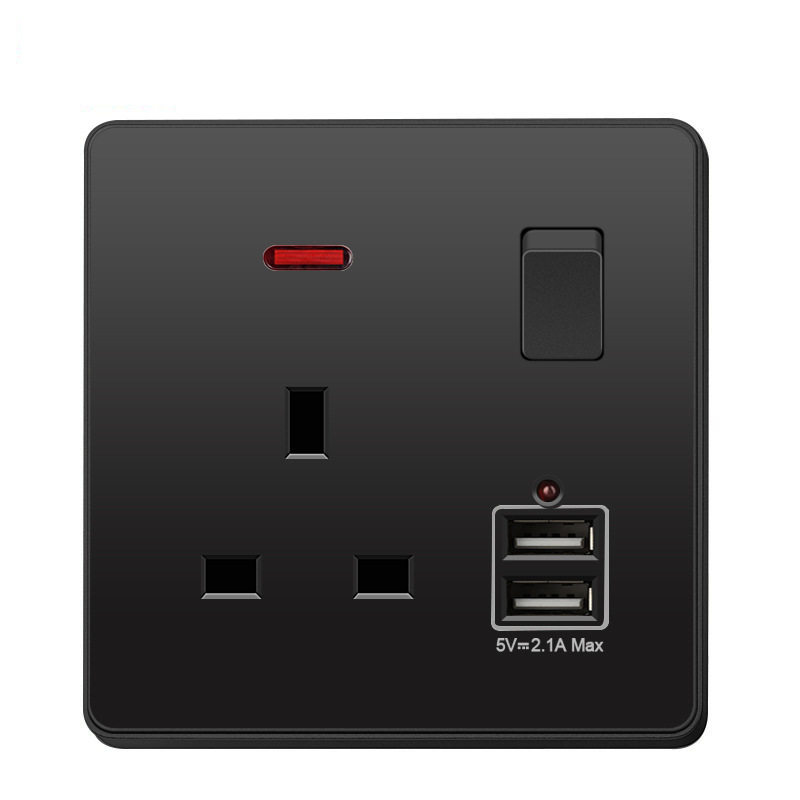 港澳板13A英式插座充电USB英规英标方脚三孔插座面板86型黑色详情图1