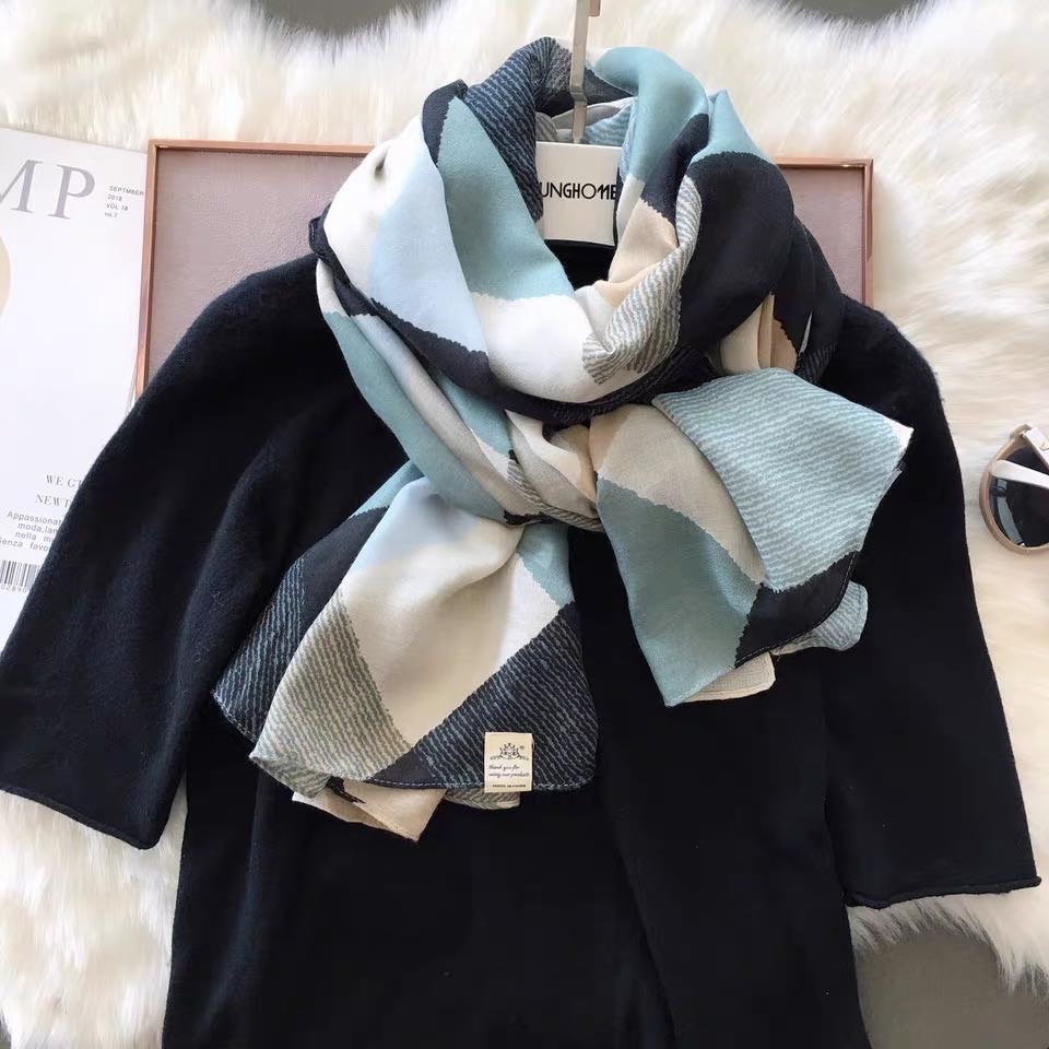 Woman wearing geometric scarf in multiple styling ways
