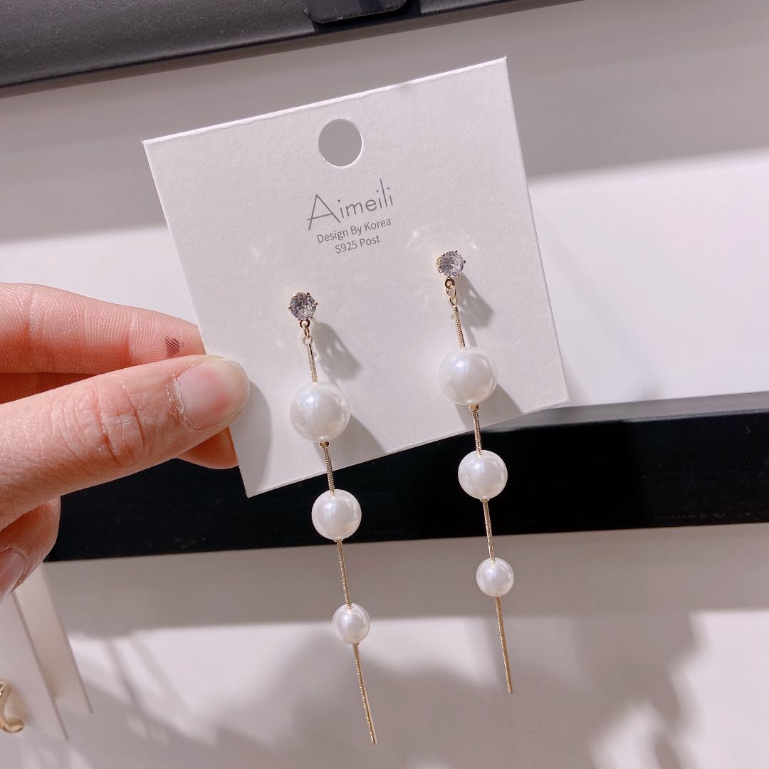 S925 silver needle pearl string back hanging type long earrings Japan and South Korea fashion personality temperament earrings Specification drawing