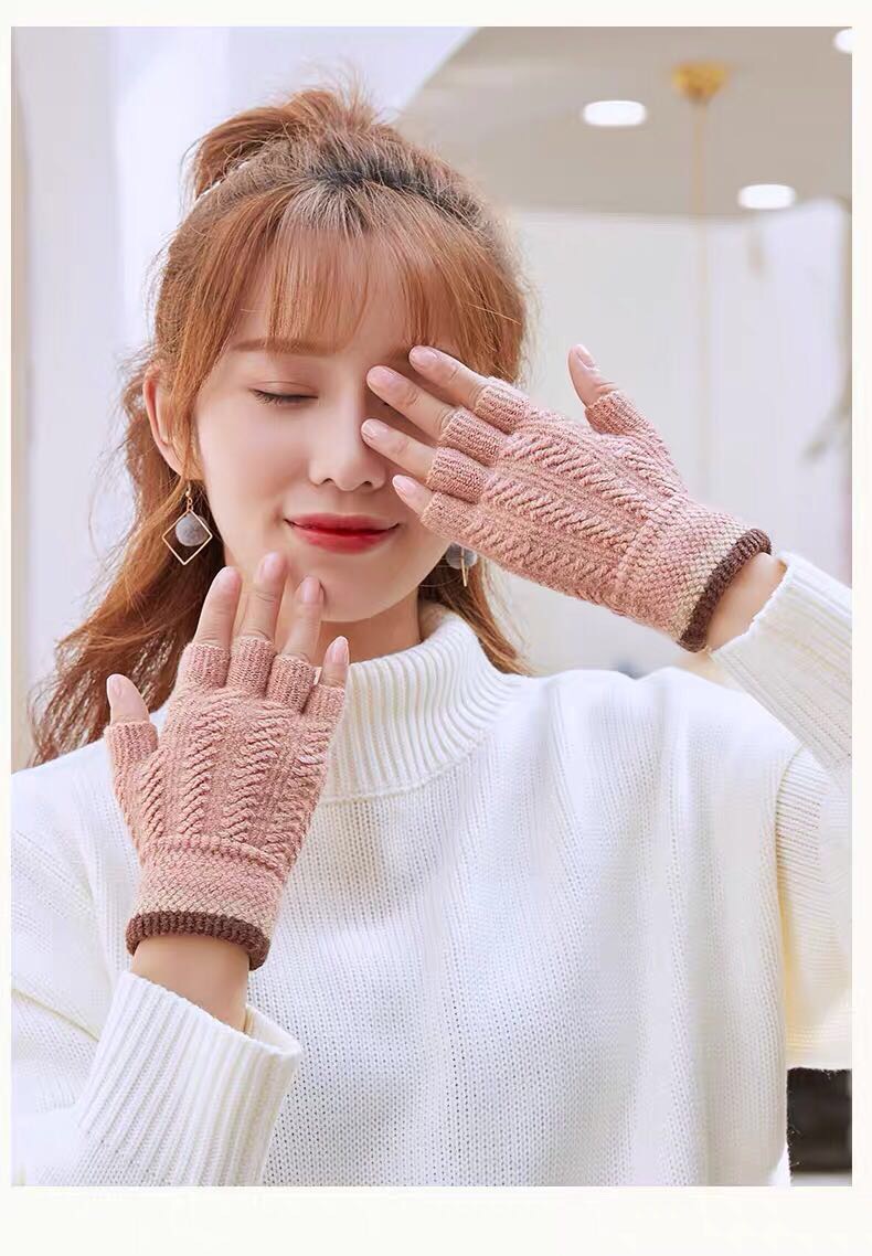 针织毛线学生写字露指手套女冬天五指秋冬季韩版男士半指弹力保暖肉色