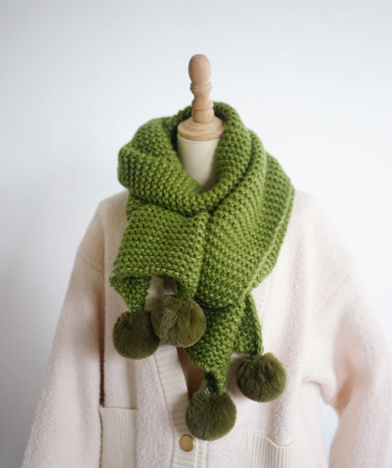 Avocado Green Scarf Thickened Thermal With Hairball Cute details Picture