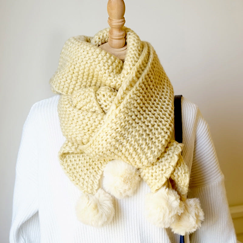 Beige And White Scarf Thickened Wool Knit Scarf Cute Hairball Specification drawing