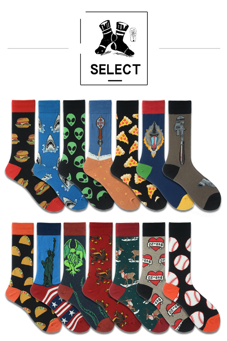 New men's socks, creative food, hamburger and French fries patterns, trendy men's socks, long high socks