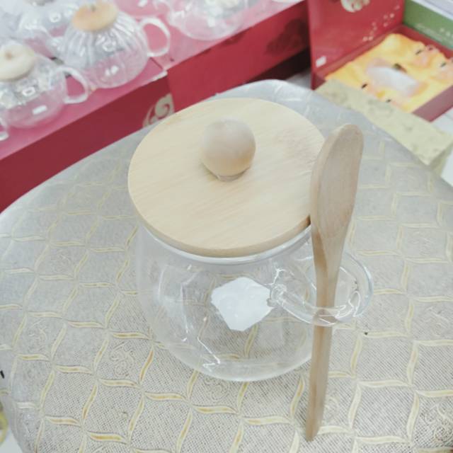 Small Glass Dispenser Bottle With Wooden Spoon Plug Lid Powder Kitchen Seasoning Bath Salt Tea Jar details Picture