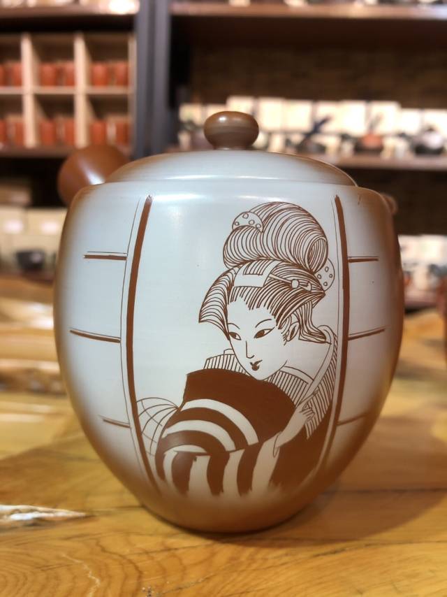 日本   朱泥 刻绘  急須壶
