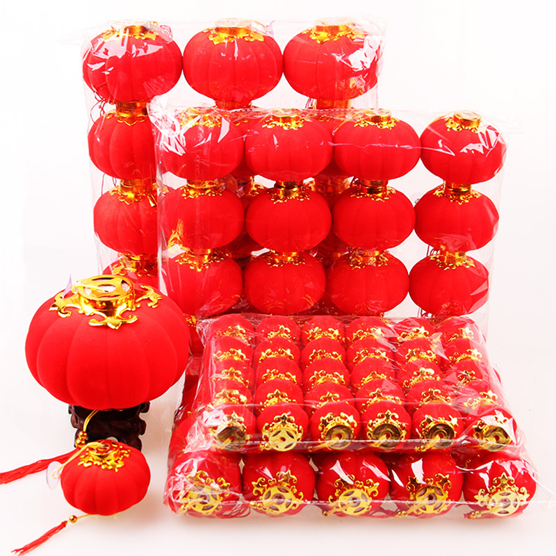 3号盆景户外防水植绒小红灯笼挂件新年喜庆装饰细节图