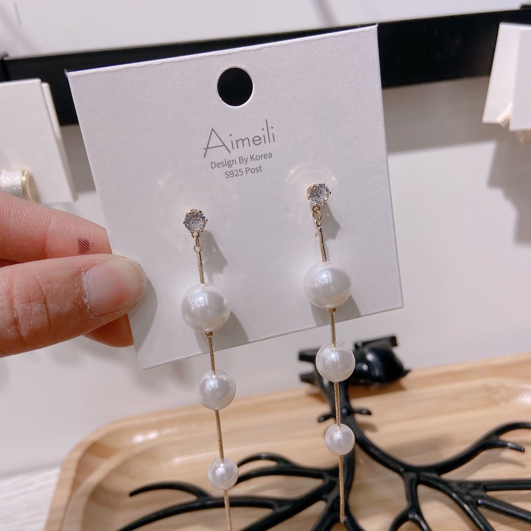 S925 silver needle pearl string back hanging type long earrings Japan and South Korea fashion personality temperament earrings details Picture