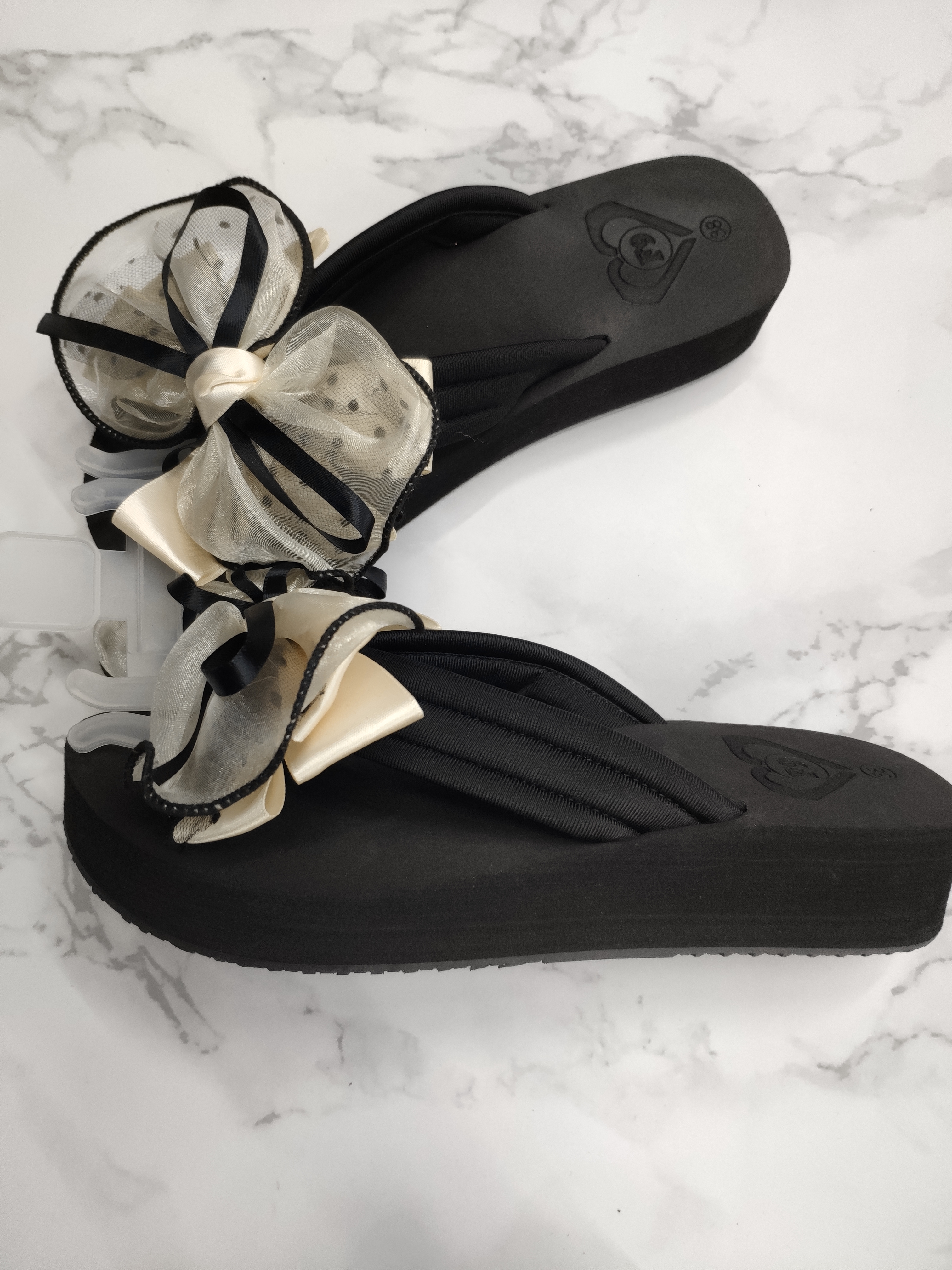 Summer women's satin polka dot bow flip-flops and high-soled flip-flops for wholesale trade details Picture