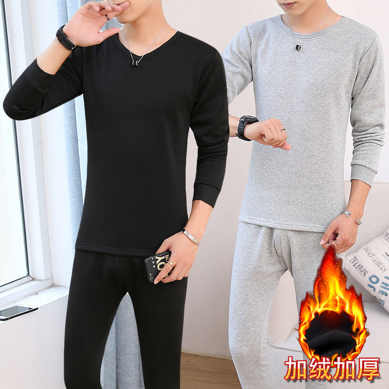 Men's Warm Underwear Men's Suit Plus Fleece Thickened Winter Youth Student V Round Neck Large Size Cold Long Johns details Picture