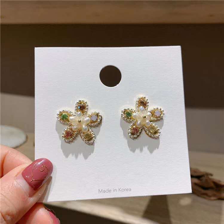 Korean fashionable golden small plum blossom diamond-encrusted alloy pearl gemstone feminine earrings