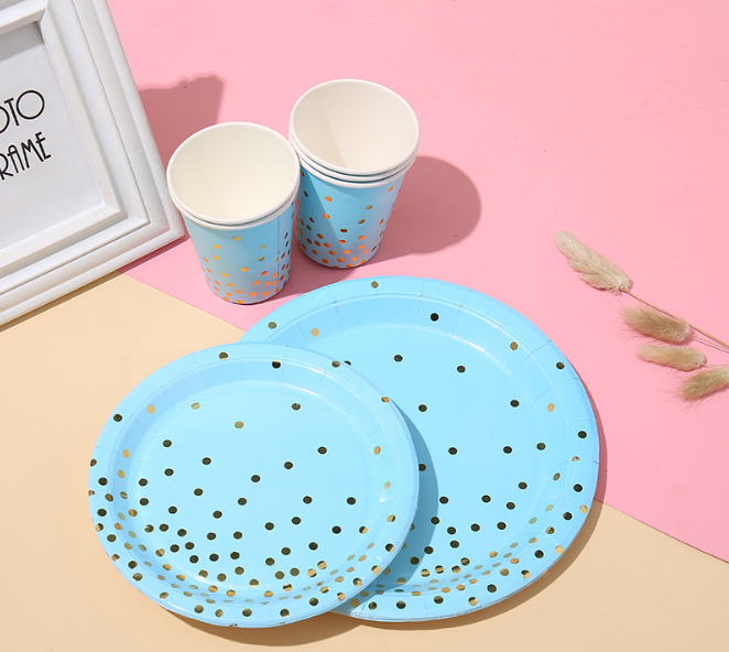 欧美烫金圆点生日派对用品主题餐具一次性纸杯餐盘套装蓝底厂家