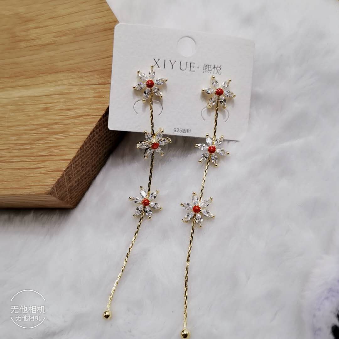 爆款S925银针花朵长款流苏耳钉耳环简约百搭网红耳饰
