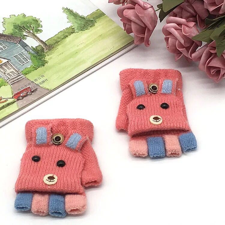 冬季新款卡通宝宝小兔翻盖针织手套 男女儿童小童半指包指两用手细节图