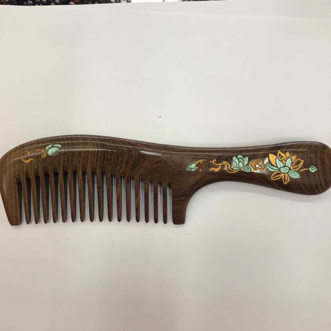 头皮按摩梳子头部经络梳小号天然绿檀木梳宽齿乳腺梳黑金檀描金梳