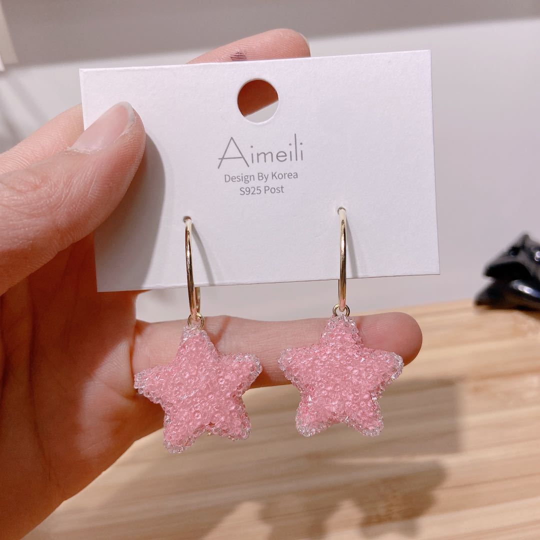 925 silver needle temperament contracted star pink eardrop new style tide earring Specification drawing