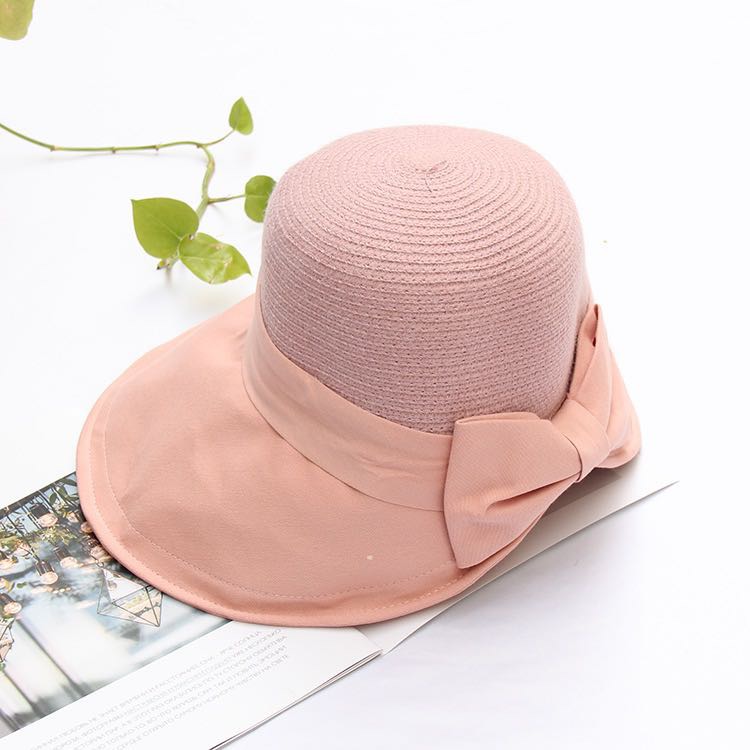 新款韩版蝴蝶结草帽女大沿防晒骑车遮阳帽拼接鸭舌帽海边防晒帽细节图