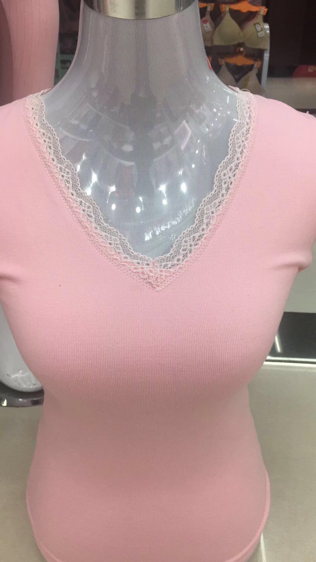 粉色V领女款美体无缝保暖内衣修身打底衫单件