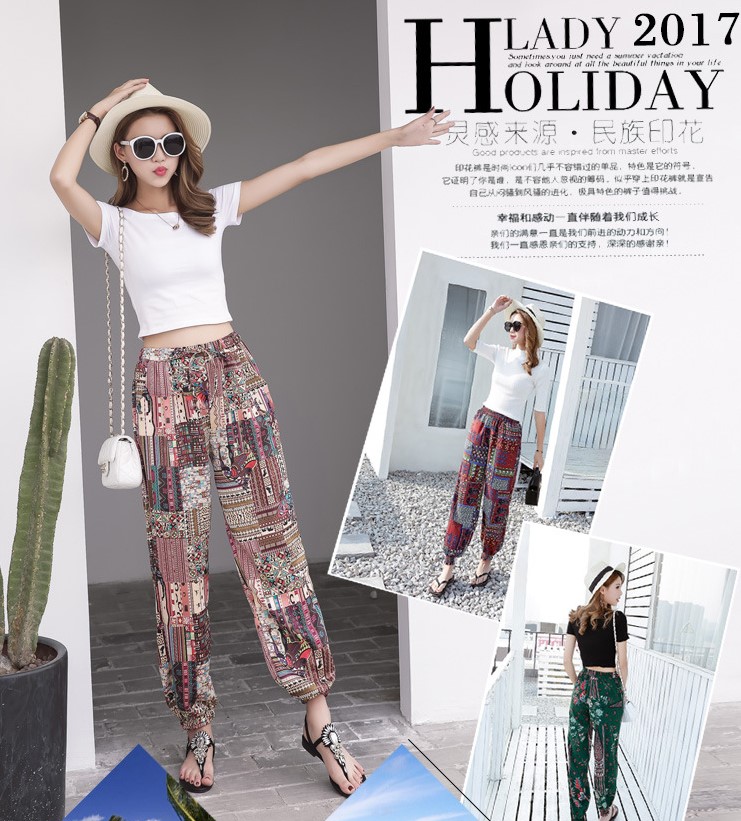 Summer beach pants, ethnic style lantern pants, women's Bohemian beach pants, loose flower pants, plate-sized Harem pants details Picture