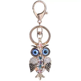 Exquisite and high-end car keychains with seven-color cat's eye stones, cross-border owl water diamond key chains for the Middle East, Europe and America