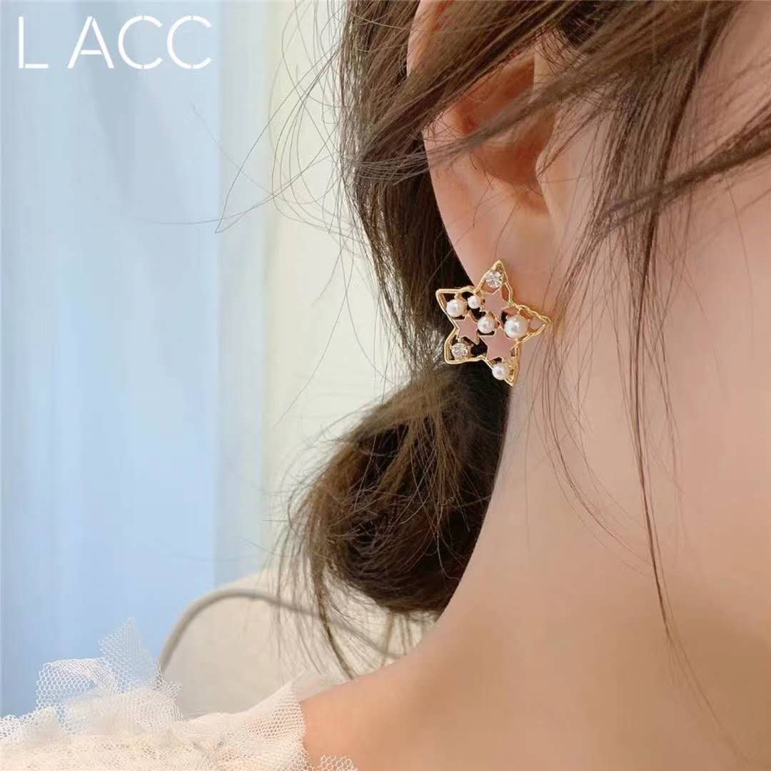 Cute golden five-pointed star alloy ring pearl earrings for petite girls details Picture