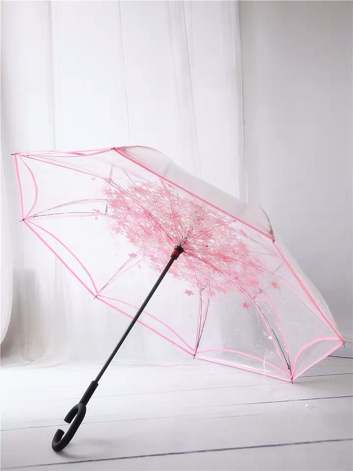 Waterproof PVC transparent umbrella, double-layer thickened cherry C-shaped long-handled umbrella without holding Specification image
