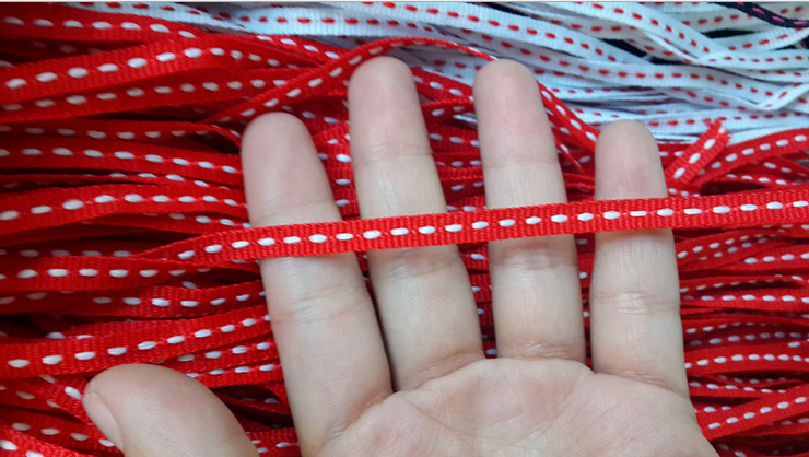 Close-up of color striped ribbon texture and stitching detail