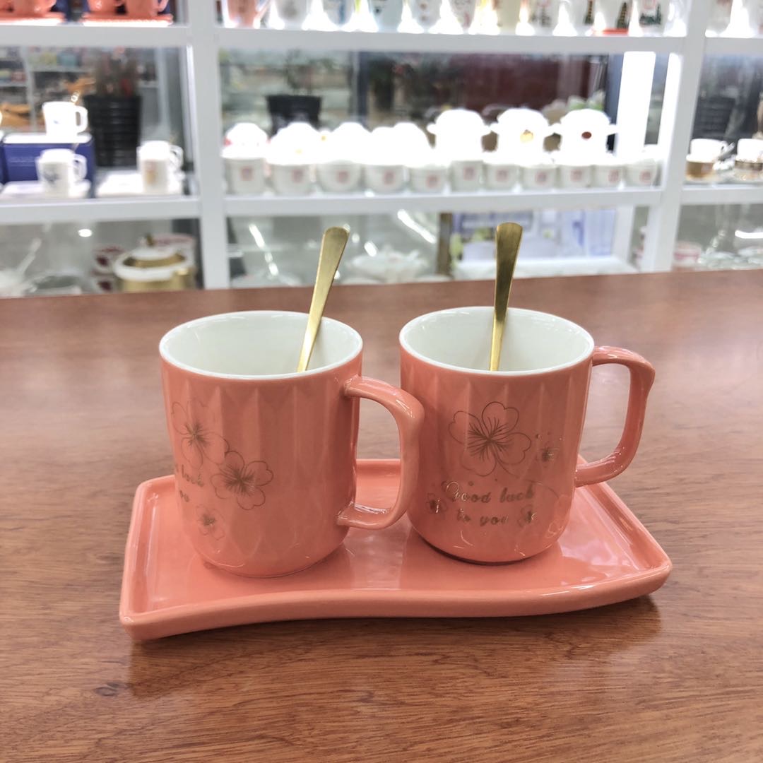 欧式精美咖啡杯陶瓷杯水杯套装带托粉色整件发货一件48套最低5件发货
