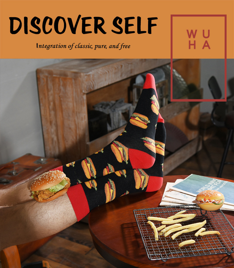 New men's socks, creative food, hamburger and French fries patterns, trendy men's socks, long high socks details Picture